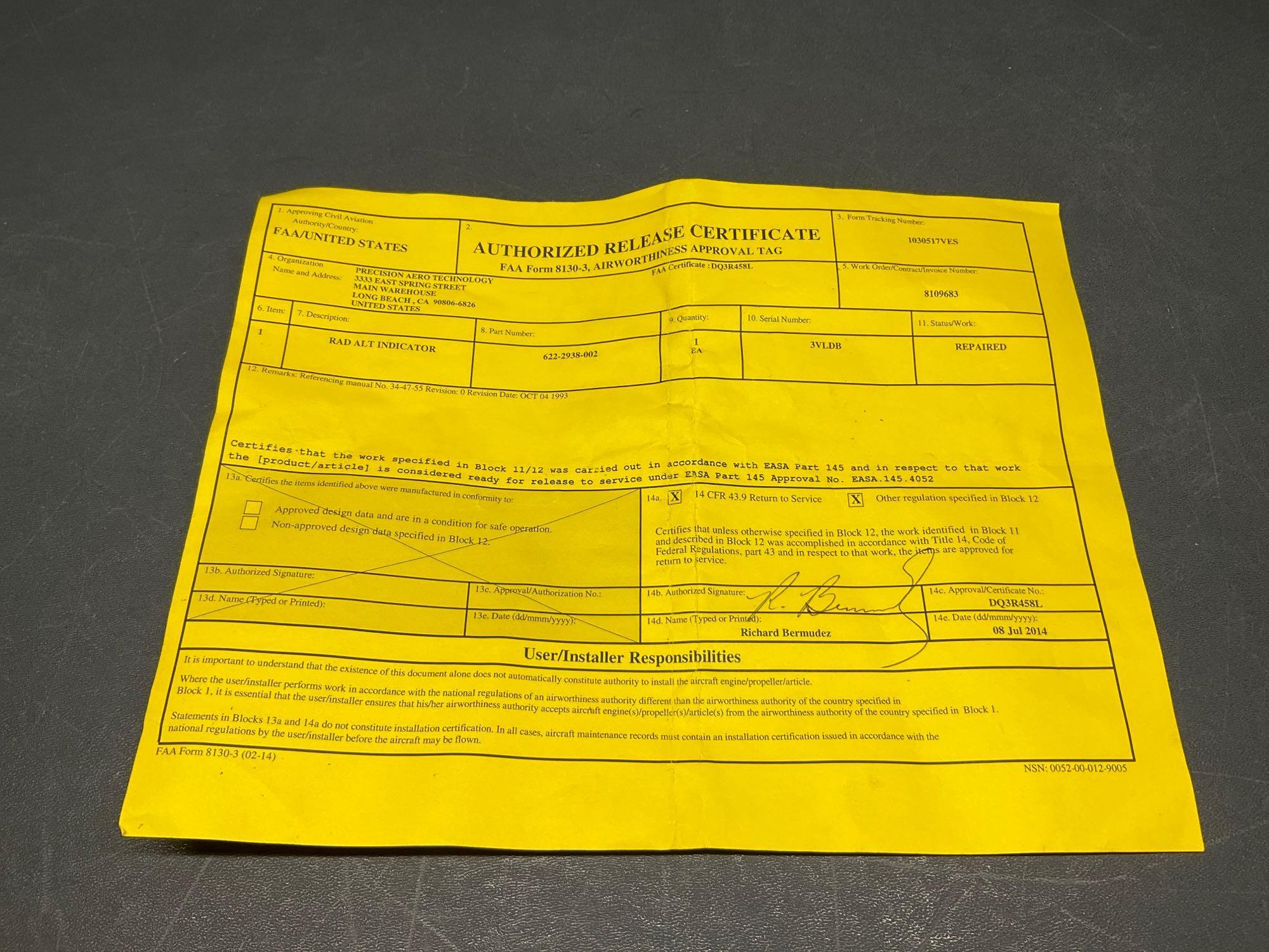 COLLINS ALI-55A RADIO ALTIMETER 622-2938-002 (REPAIRED)