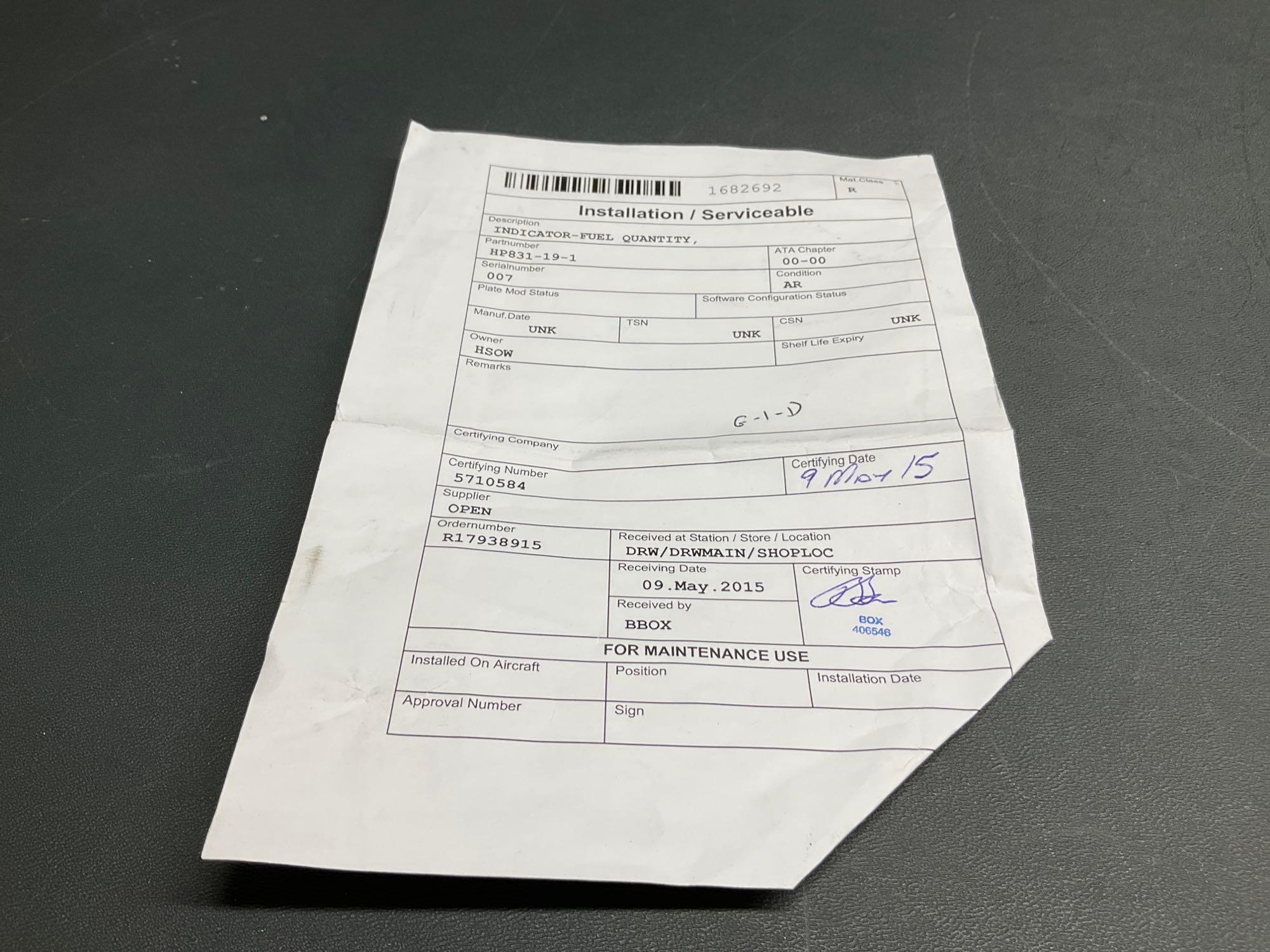 INSTRUMENTS 209-070-262-109, 76450-01078-103 & HP831-19-1 (A/R OR REMOVED FOR REPAIR)