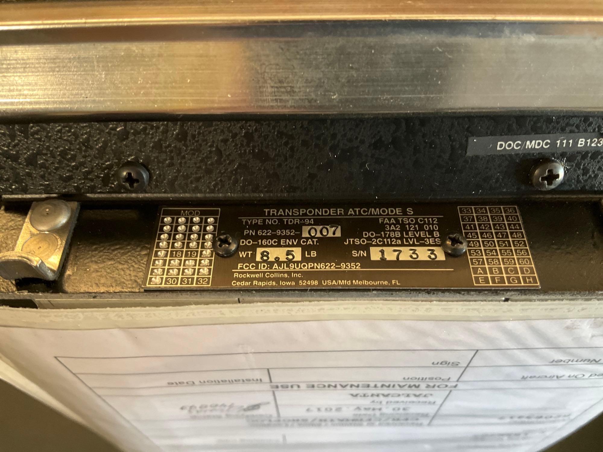 COLLINS TDR-94 MODE S TRANSPONDERS 622-9352-007 (A/R)