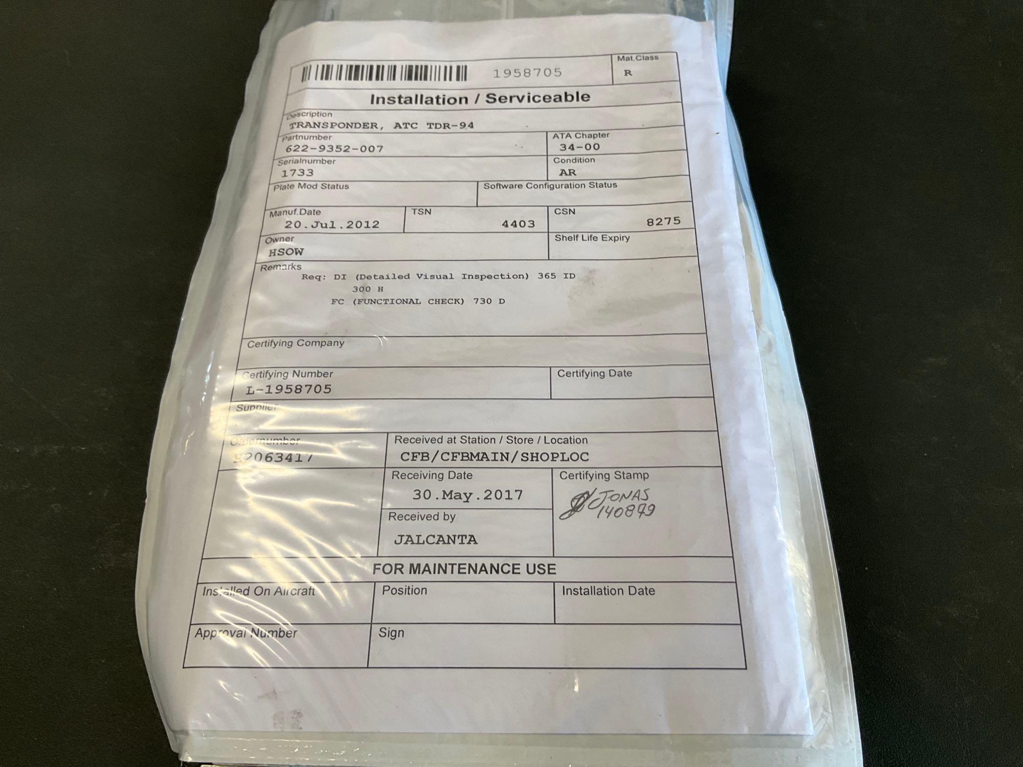 COLLINS TDR-94 MODE S TRANSPONDERS 622-9352-007 (A/R)