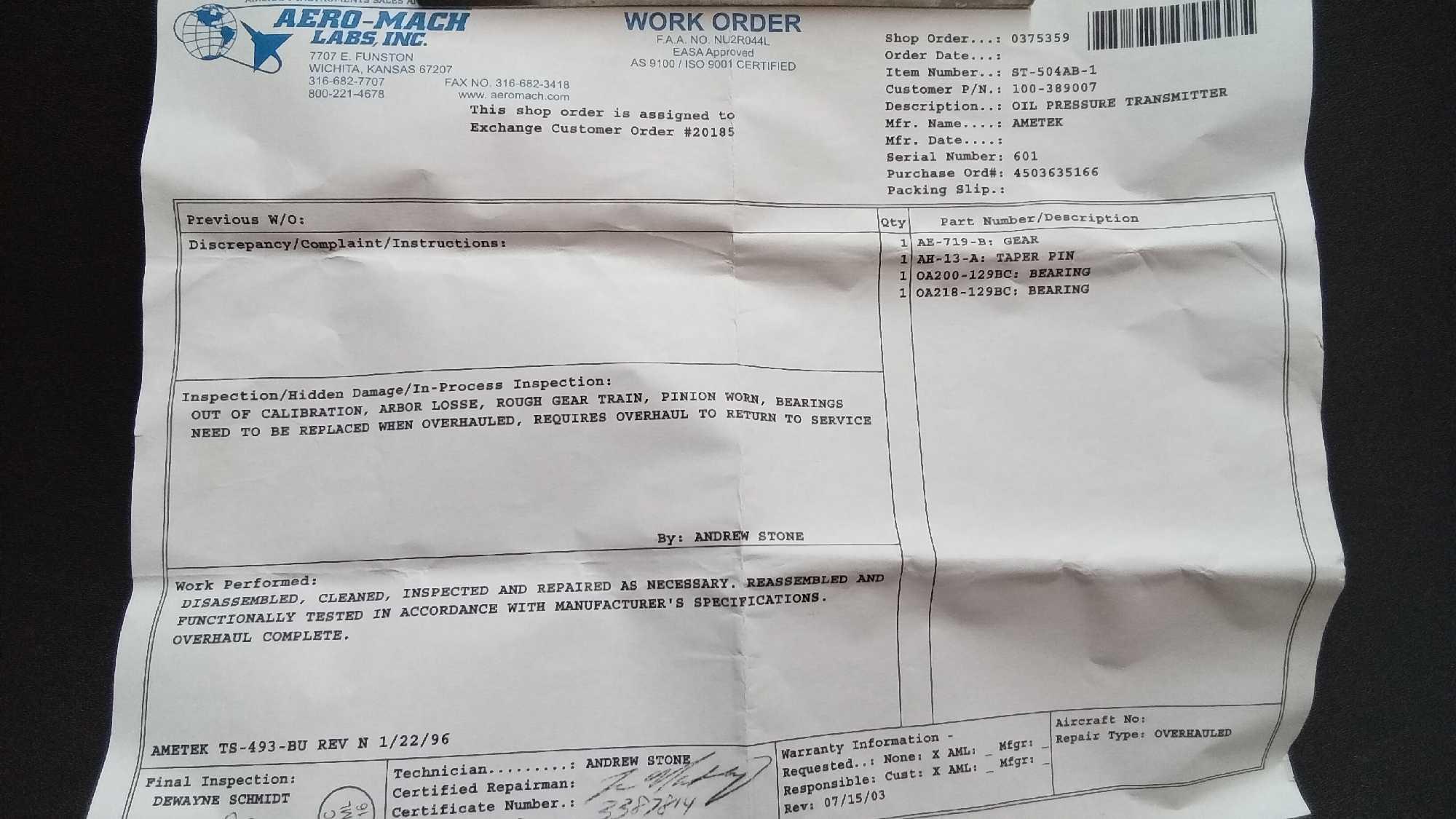 KING AIR OIL PRESSURE TRANSMITTER 100-389007 ALT# ST-504AB-1 (OVERHAULED)