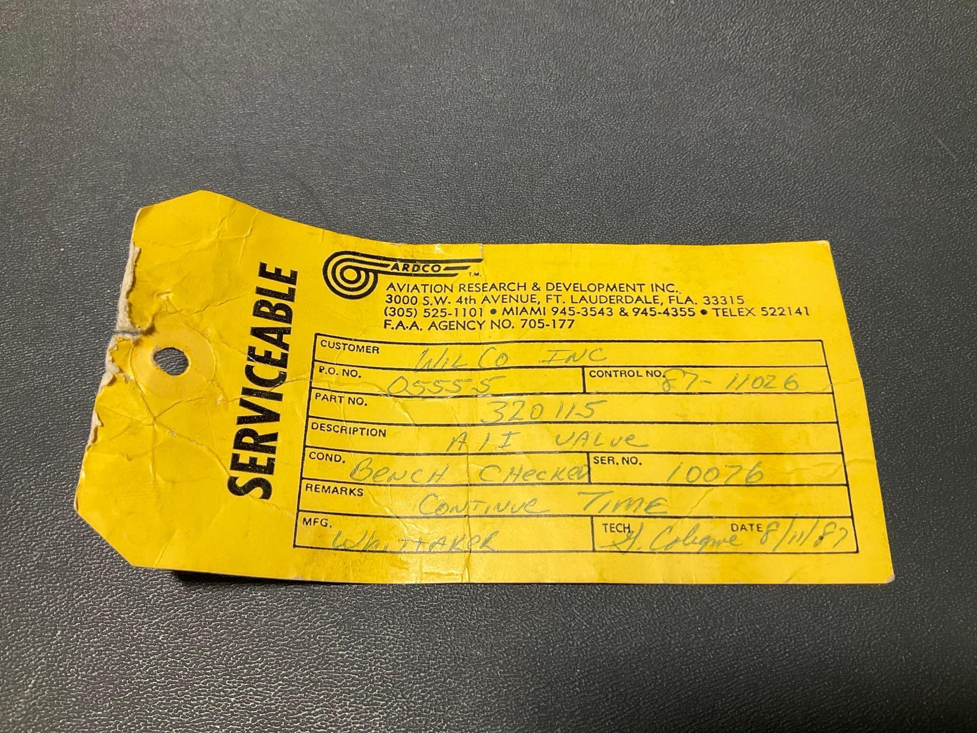 WHITTAKER SHUT-OFF VALVE 320115 (BENCH CHECKED) S/N 10076