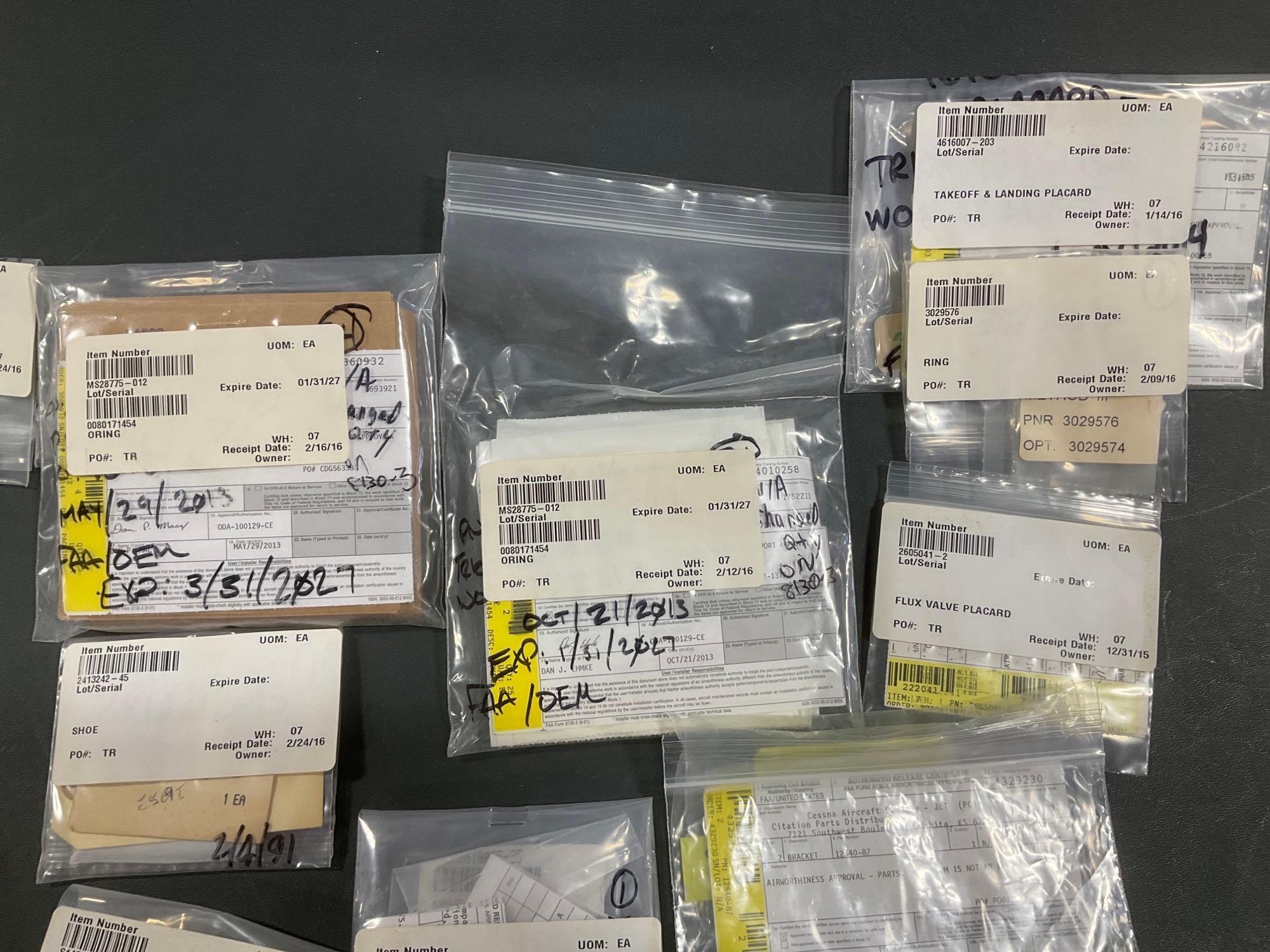 BOXES OF NEW CESSNA PLACARDS, SEALS, SPECIALTY HARDWARE, ETC (MOST ALL HAVE CESSNA CERTS)