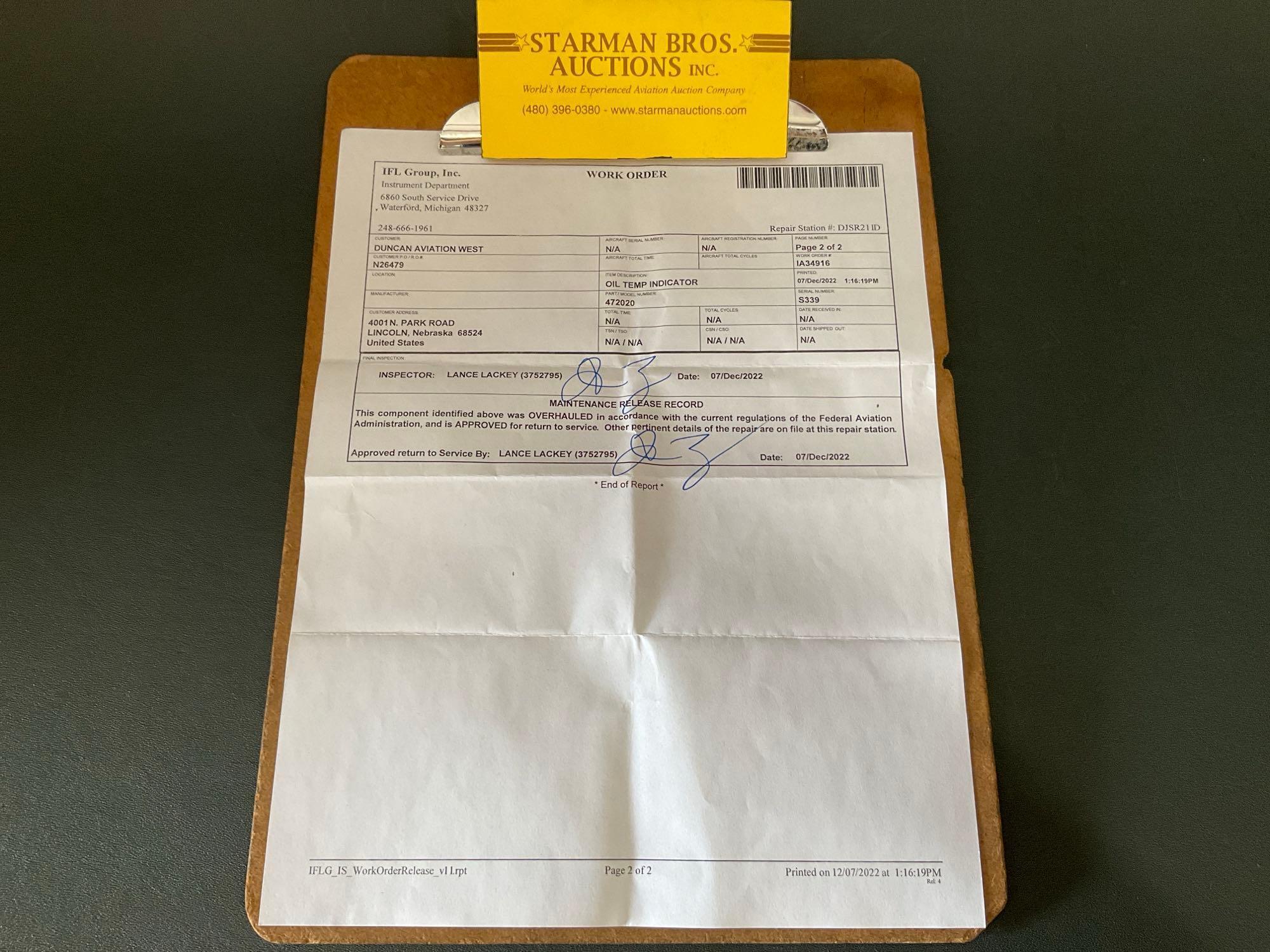 CITATION OIL TEMP INDICATOR 9912049-1 (OVERHAULED) S/N S339