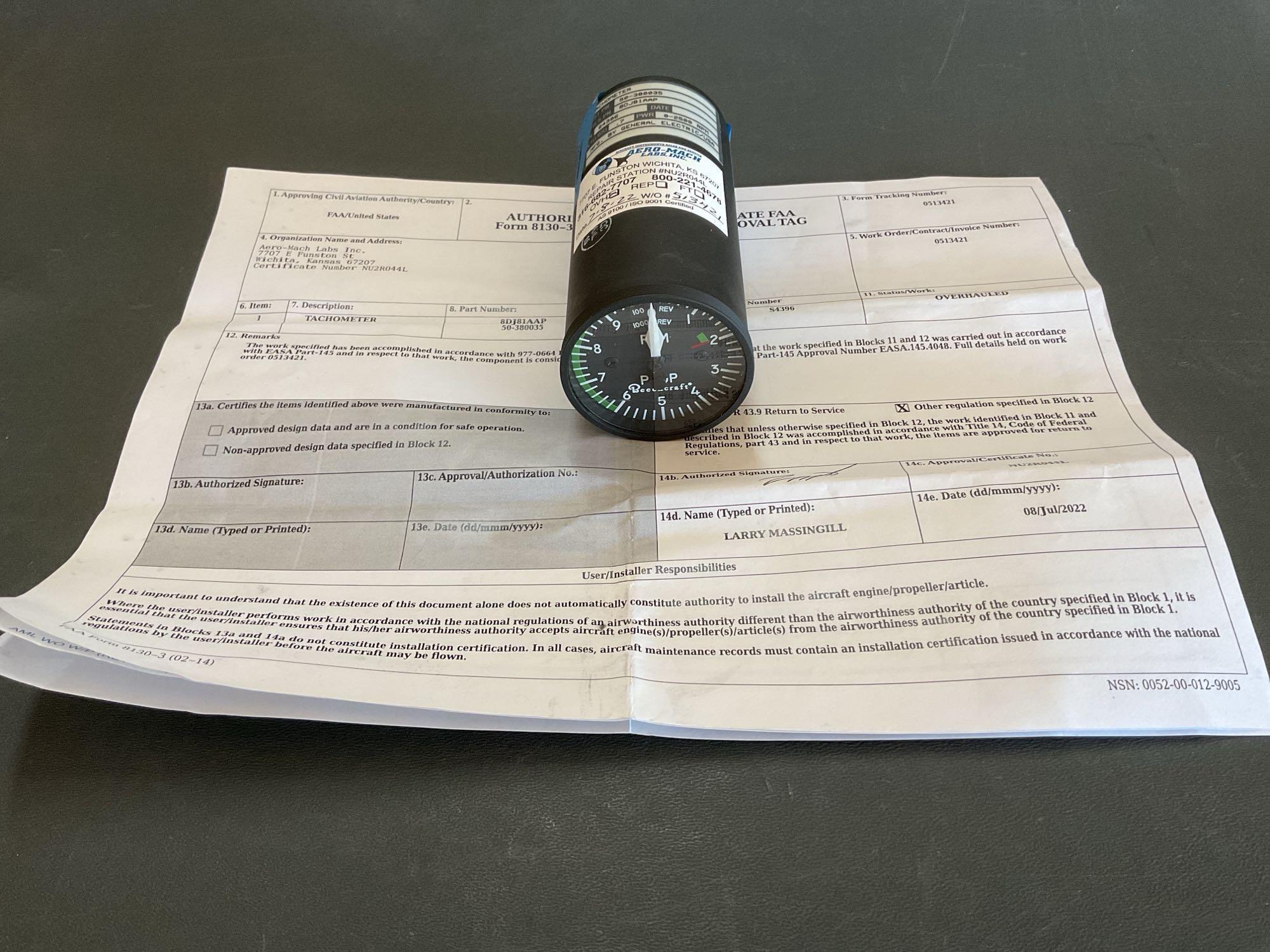 KING AIR TACHOMETER 50-380035 (OVERHAULED 2022) S/N S4396
