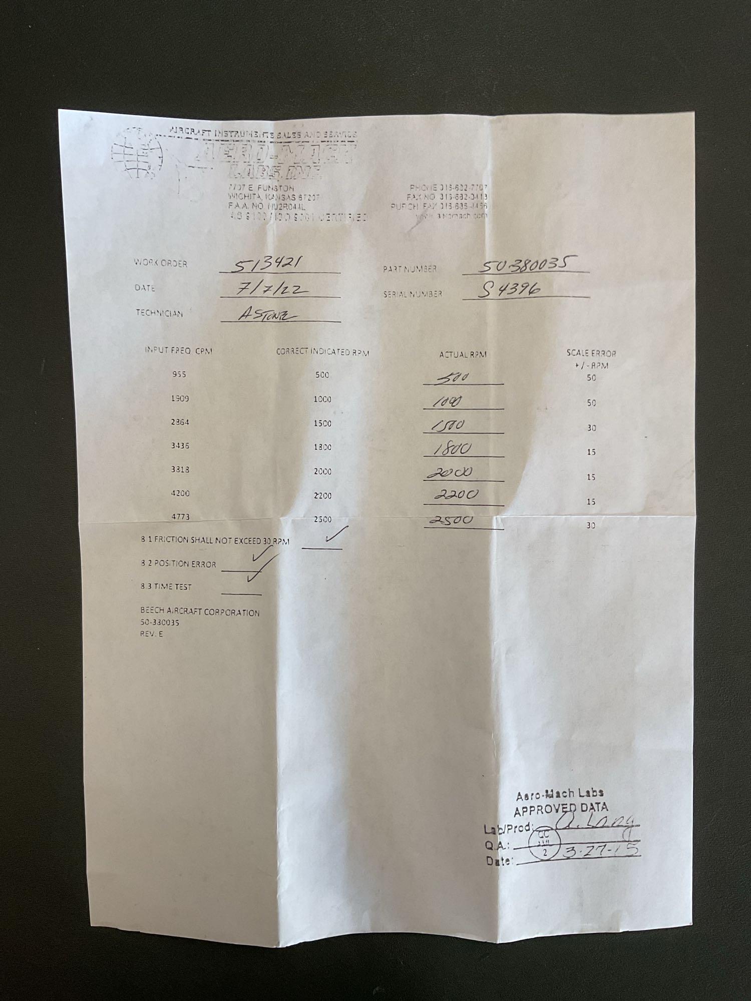 KING AIR TACHOMETER 50-380035 (OVERHAULED 2022) S/N S4396
