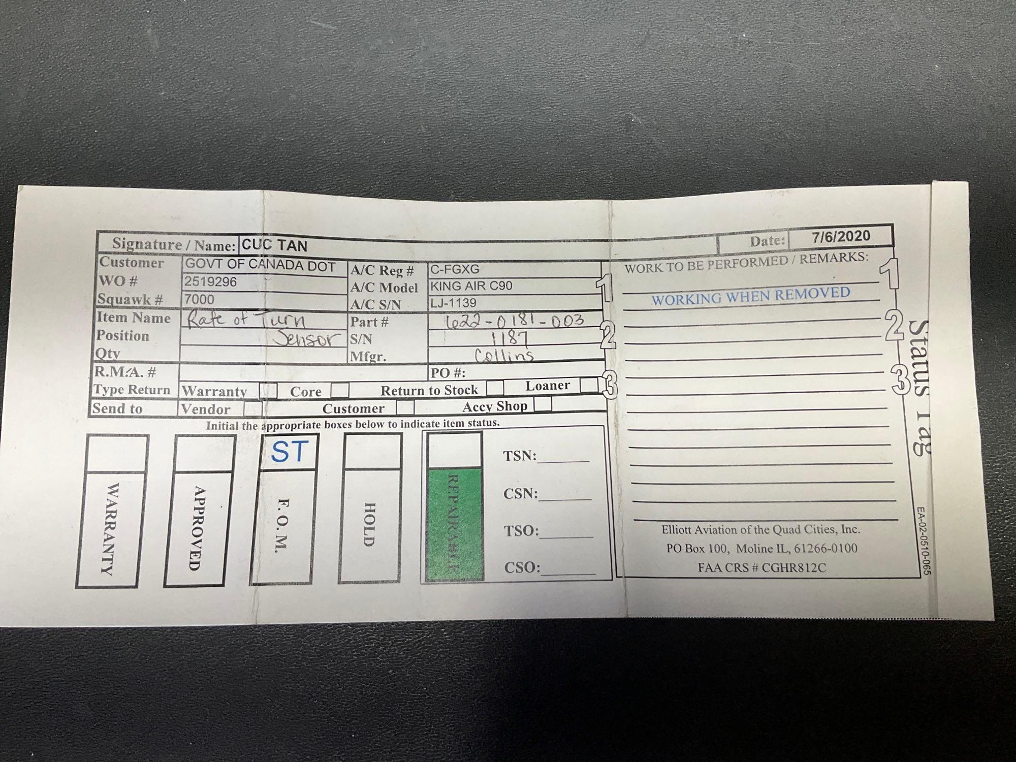 COLLINS 345A-7B RATE OF TURN SENSOR 622-0181-003 (WWR) S/N 1187