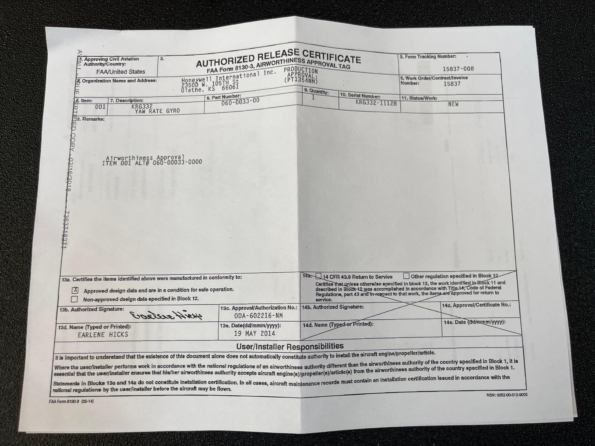 HONEYWELL KRG-332 RATE GYROS 060-0033-00 (NEW)