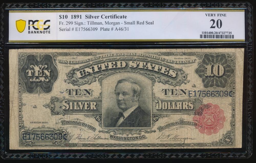 1891 $10 Tombstone Silver Certificate PCGS 20