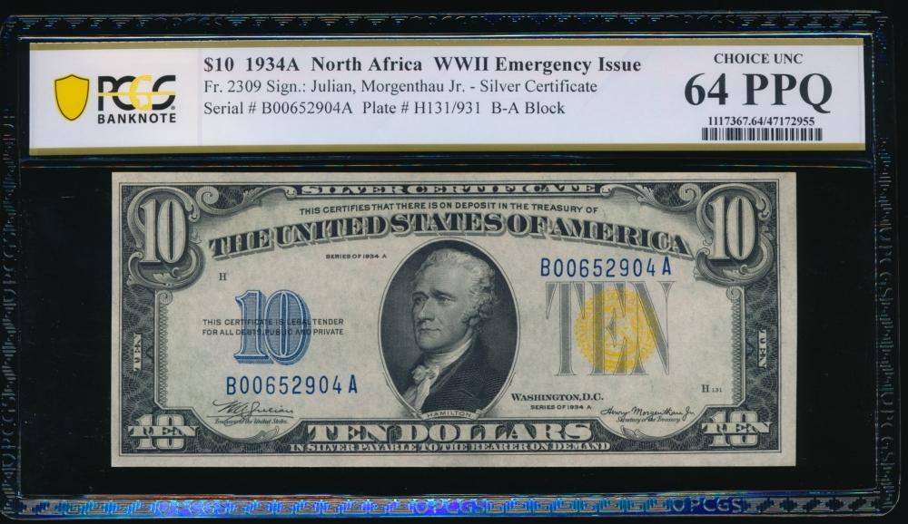 1934A $10 N Africa Silver Certificate PCGS 64PPQ