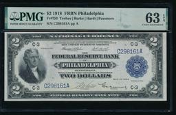1918 $2 Philadelphia FRBN PMG 63EPQ