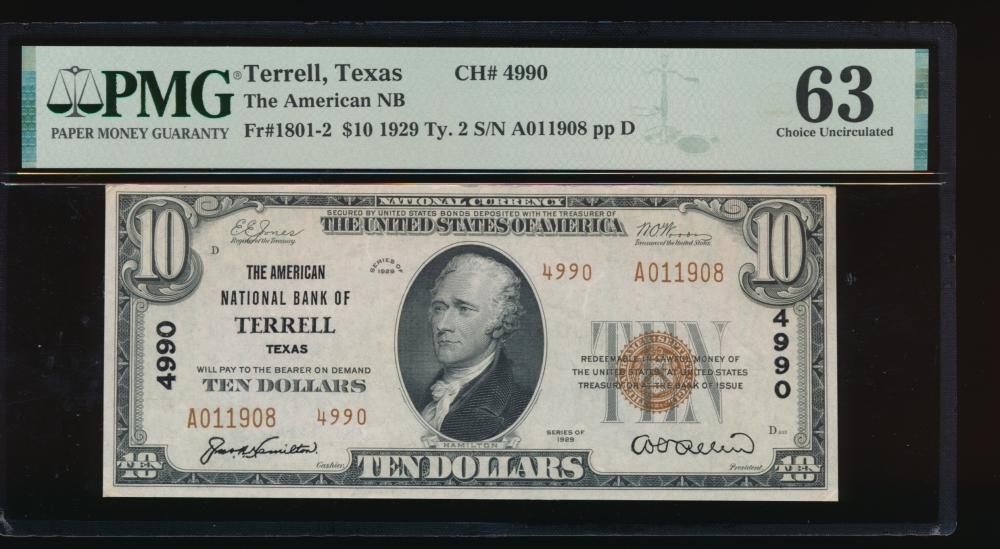 1929 $10 Terrell TX National PMG 63
