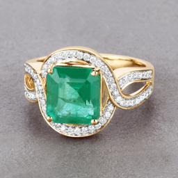 14KT Yellow Gold 3.42ct Zambian Emerald and Diamond Ring