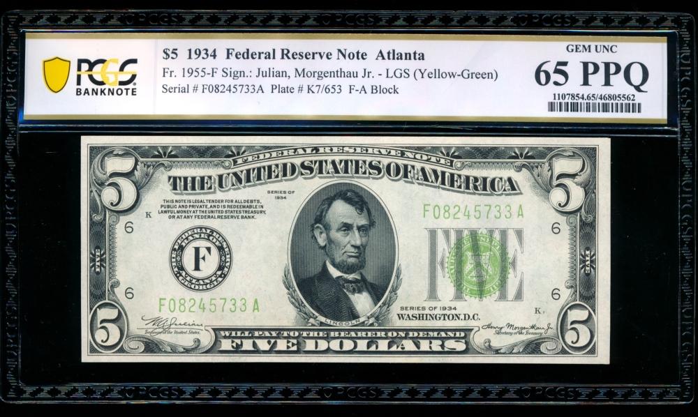 1934 $5 Atlanta FRN PCGS 65PPQ