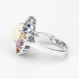 Plated Rhodium 1.69ct Opal and Multi Color Gemstone Ring