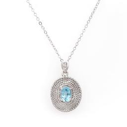 Plated Rhodium 1.32ctw Blue Topaz and Diamond Pendant with Chain