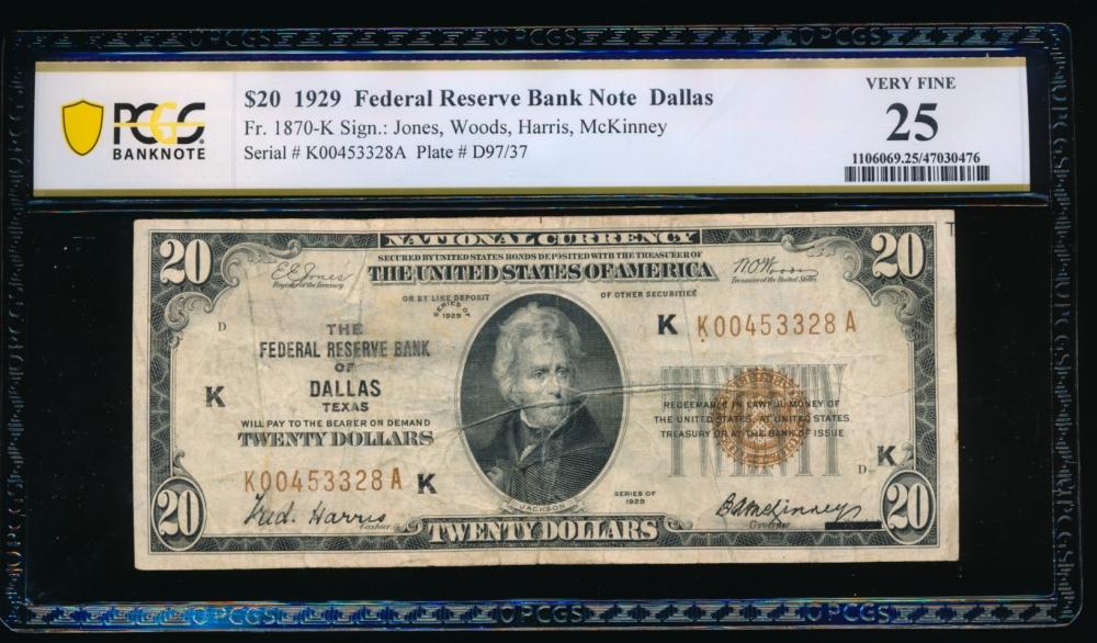 1929 $20 Dallas FRBN PCGS 25
