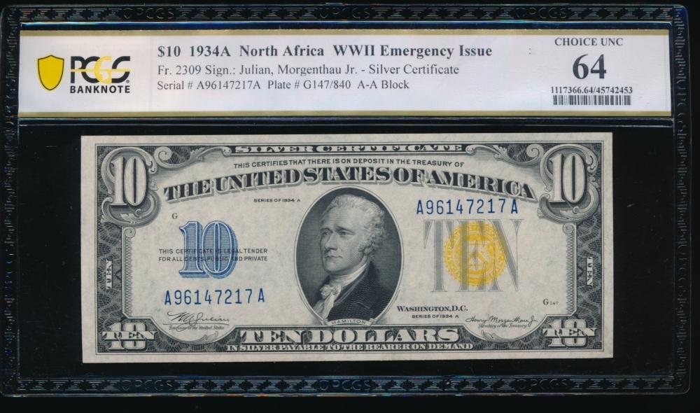 1934A $10 N Africa Silver Certificate PCGS 64