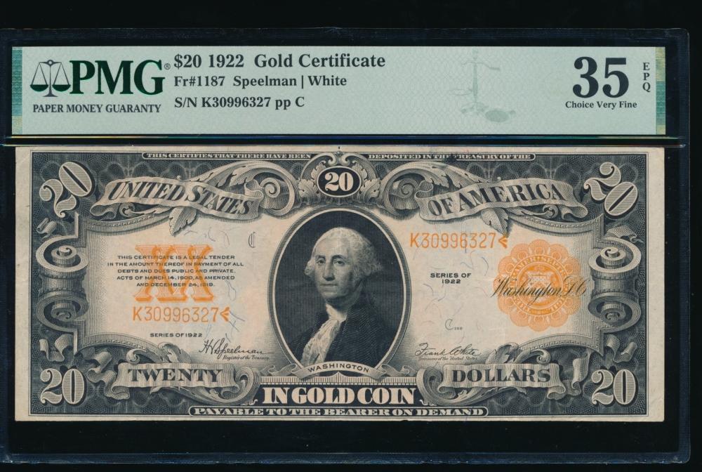 1922 $20 Gold Certificate PMG 35EPQ