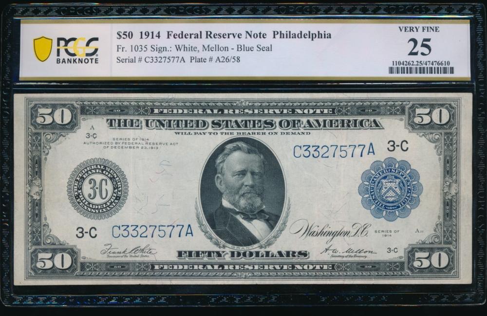 1914 $50 Philadelphia FRN PCGS 25