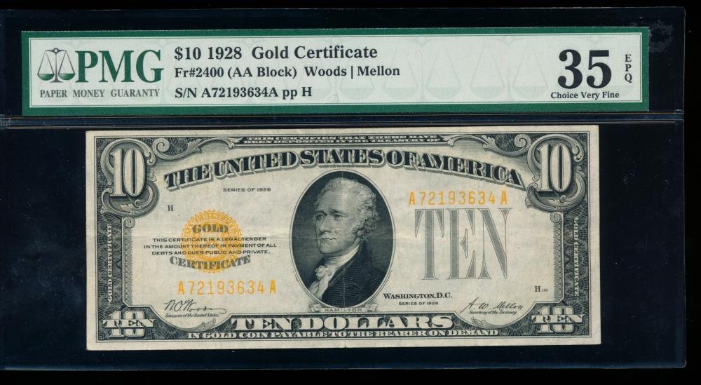 1928 $10 Gold Certificate PMG 35EPQ