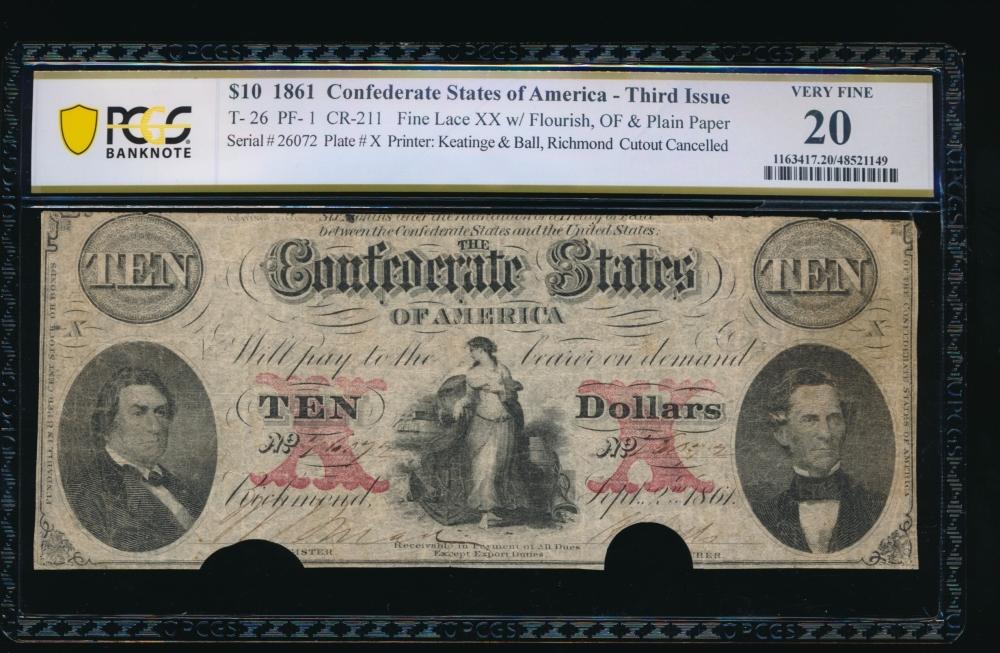 1861 $10 T-26 Confederate PCGS 20