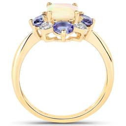 10KT Yellow Gold 1.20ctw Ethiopian Opal Tanzanite and White Diamond Ring