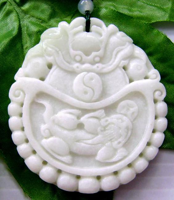 Jade Asian Decor 258cts Real Jade White and Green Tai-Ji And Pi-Xiu Dragon Coin Amulet