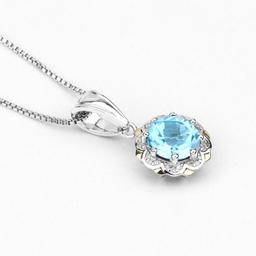 Plated Rhodium 2.25ct Blue Topaz and Diamond Pendant with Chain