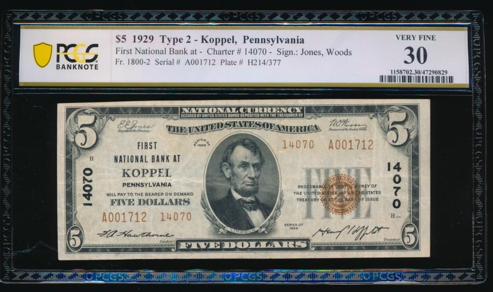 1929 $5 Koppel PA National PCGS 30