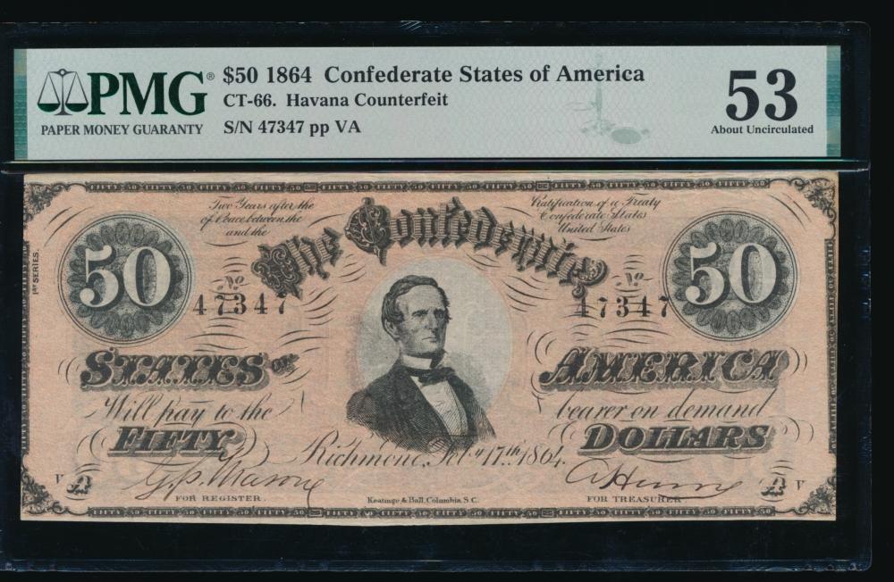 1864 $50 CT-66 Confederate PMG 53