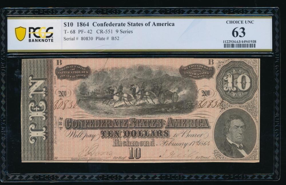 1864 $10 T-68 Confederate PCGS 63