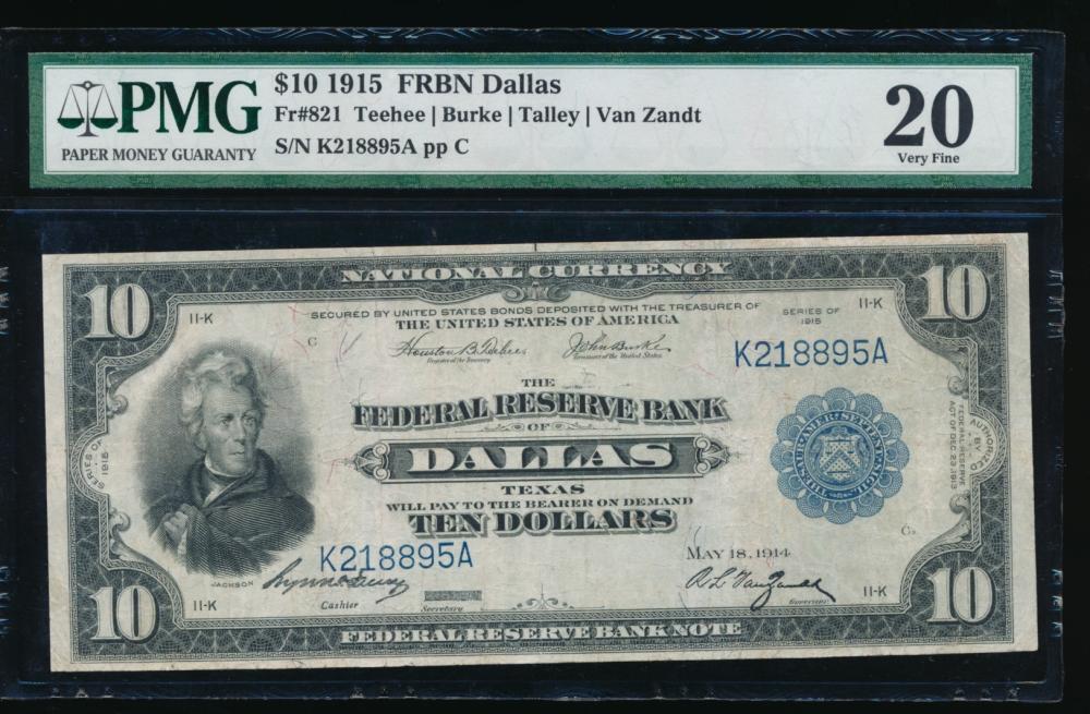 1915 $10 Dallas FRBN PMG 20