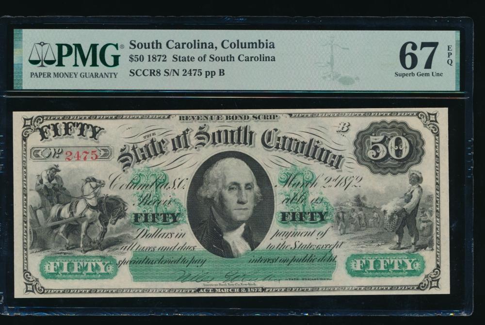 1872 $50 Columbia SC Obsolete PMG 67EPQ