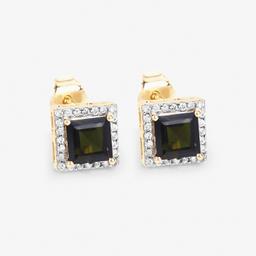 14KT Yellow Gold 1.55ctw Green Tourmaline and White Diamond Earrings