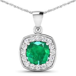 14KT White Gold 2.00ct Zambian Emerald and Diamond Pendant with Chain