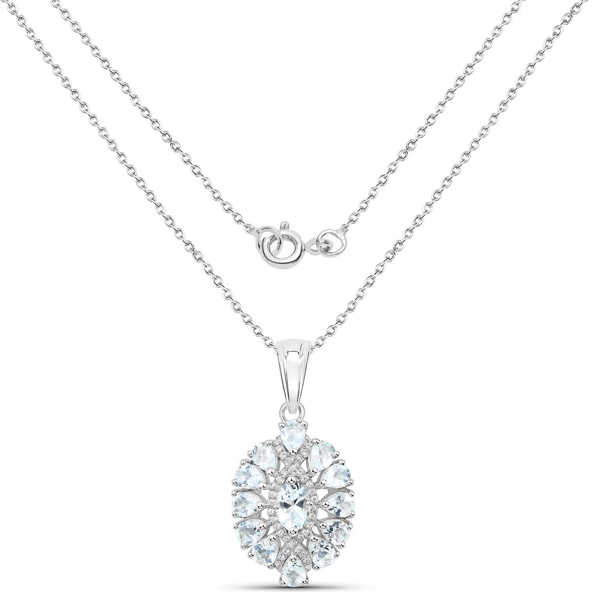 Plated Rhodium 1.80ctw Aquamarine and White Topaz Pendant with Chain