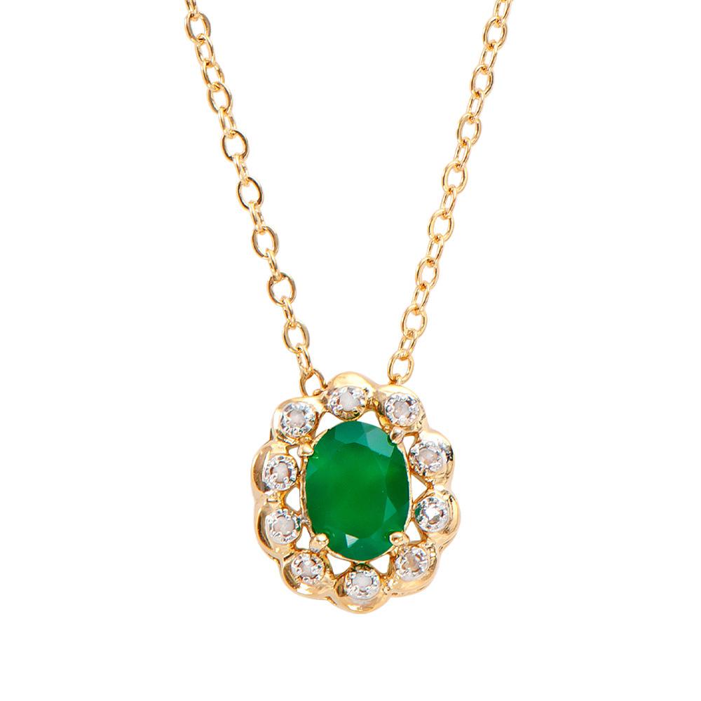 Plated 18KT Yellow Gold 1.00ct Green Agate and Diamond Pendant with Chain