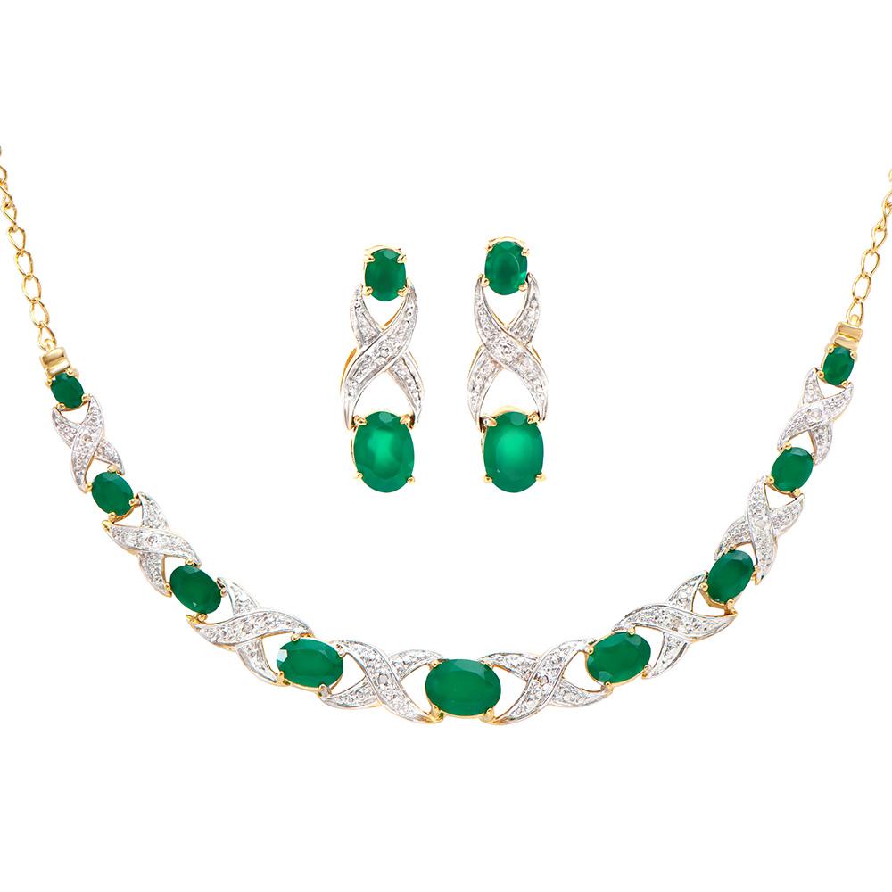 Plated 18KT Yellow Gold 6.10ctw Green Agate and Diamond Pendant with Chain and Earrings