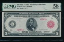 1914 $5 Red Seal Boston FRN PMG 58EPQ