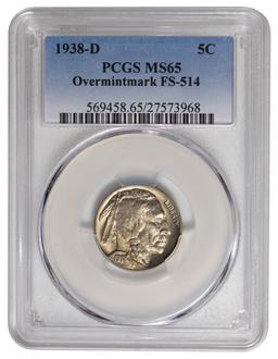 1938-D Buffalo Nickel Over mintmark PCGS MS65