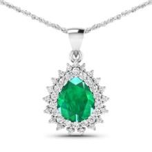 14KT White Gold 2.85ctw Zambian Emerald and Diamond Pendant