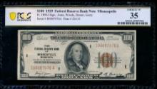 1929 $100 Minneapolis FRBN PCGS 35