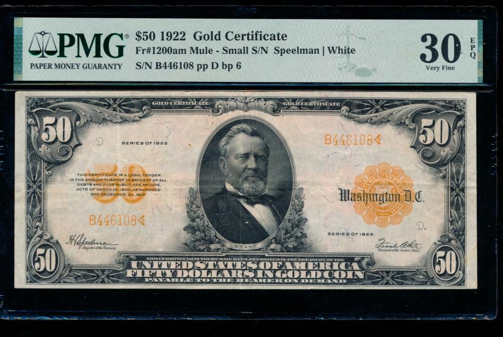 1922 $50 Mule Gold Certificate PMG 30EPQ
