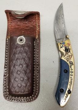 Custom Damascus Steel Folding Knife in Case