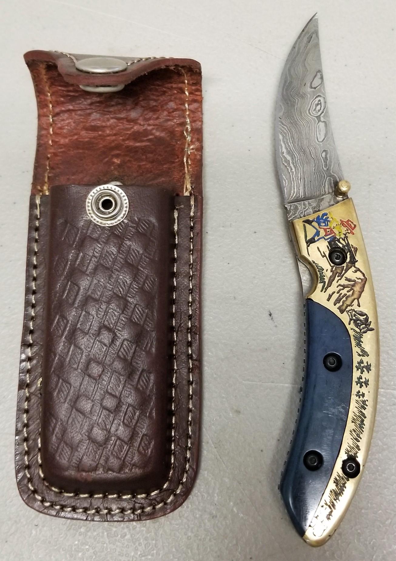 Custom Damascus Steel Folding Knife in Case