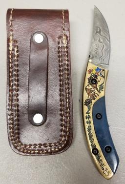 Custom Damascus Steel Folding Knife in Case