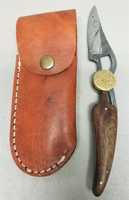 Custom Damascus Steel Folding Knife in Case
