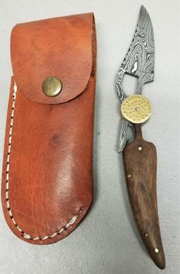 Custom Damascus Steel Folding Knife in Case