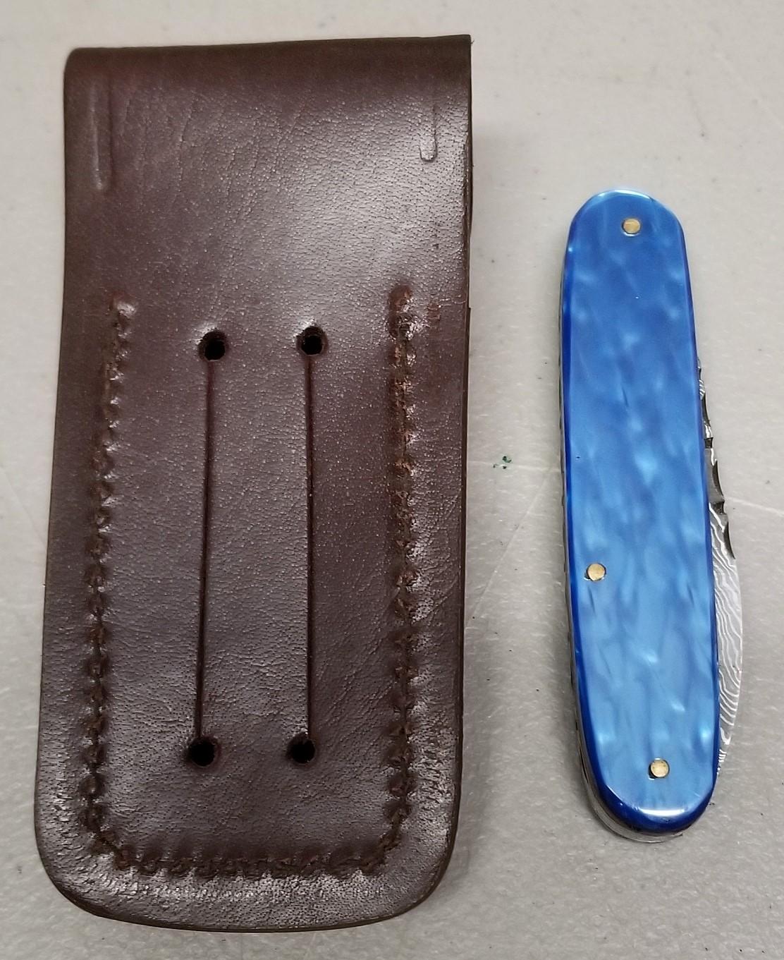 Custom Damascus Steel Folding Knife in Case